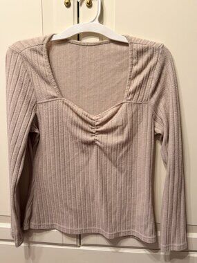 SHEIN CURVE Tan Long-Sleeve Gathered & Ribbed‎ Top (Plus Size 0X)